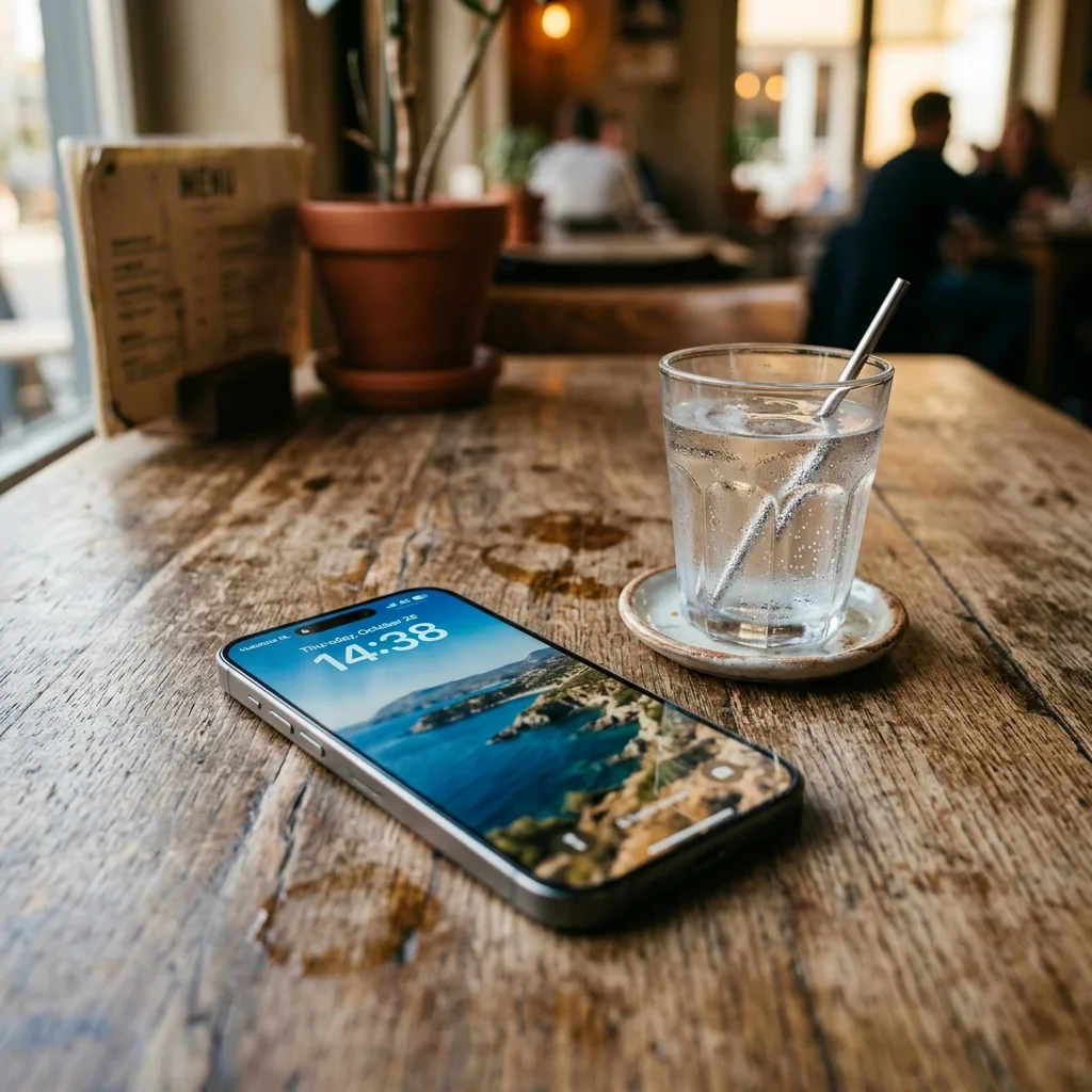 Modern smartphone displaying strong wireless network signal bars beside drinking water glass