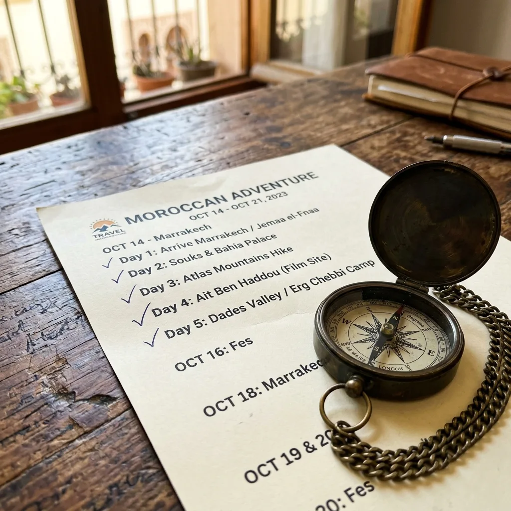 Printed travel itinerary on wooden desk beside vintage brass navigation compass