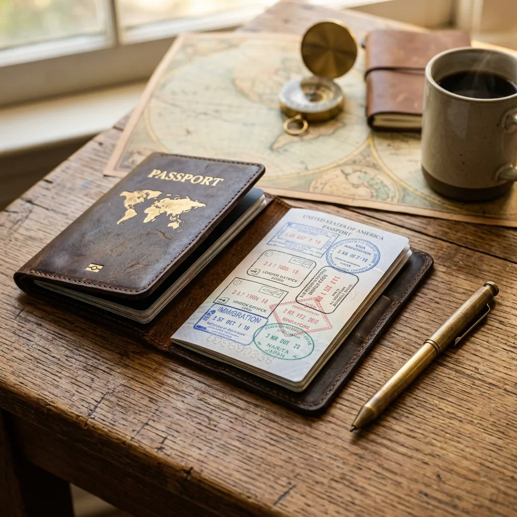 Leather passport booklet cover and metal ballpoint pen lying on wooden office desk