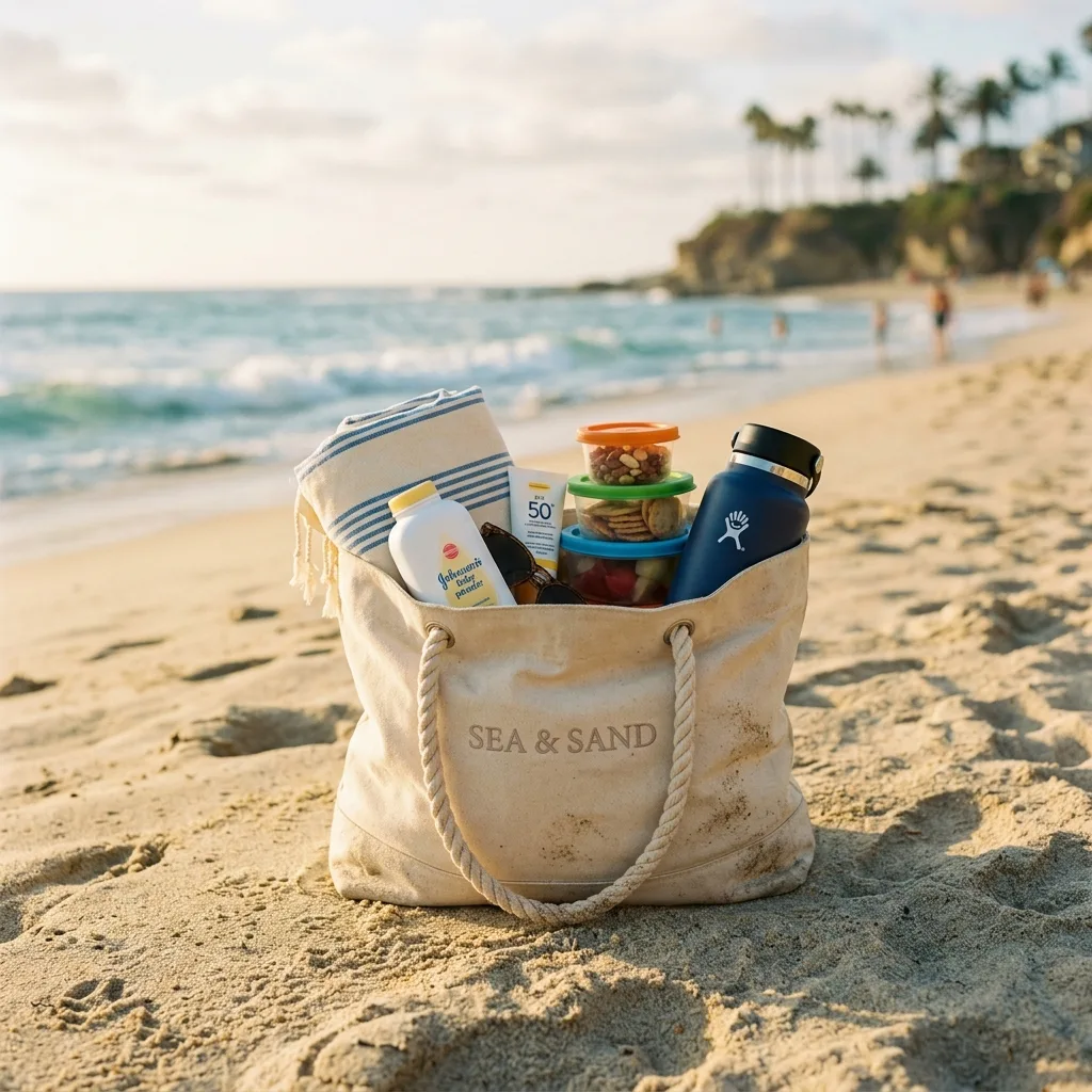 A canvas beach bag on the sand containing baby powder, a water bottle, and snack containers