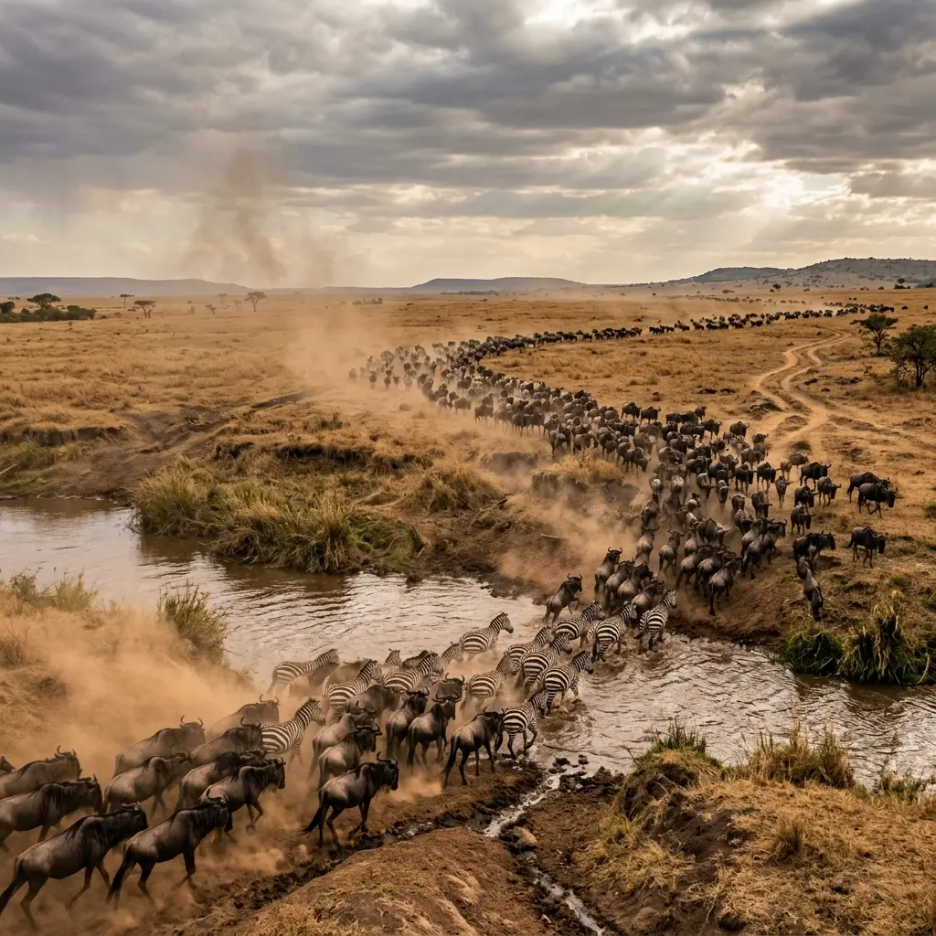 Vast herds of wildebeests and zebras migrating across African savanna grasslands under open skies