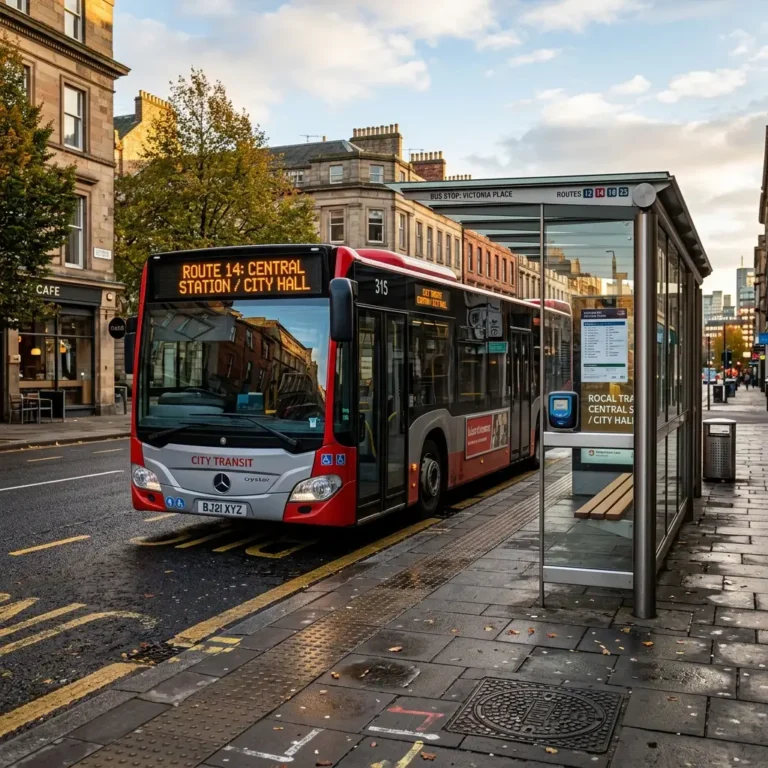 A local transit bus parked at a modern glass bus stop on a city street.