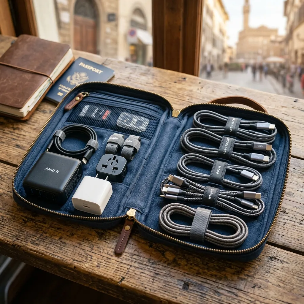 Canvas travel cable organizer pouch open displaying charging cords and small adapters