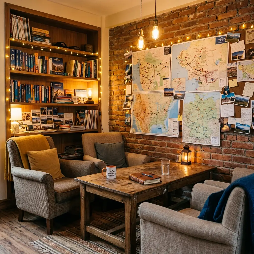 Comfortable hostel common lounge featuring wooden table and world maps on brick wall