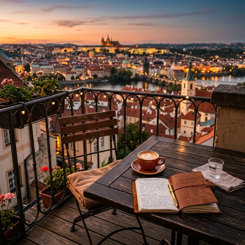 A cozy hotel balcony with a warm glowing lantern, featuring a travel journal and coffee cup overlooking a picturesque European city at sunset