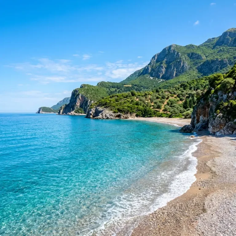 Serene coastline of a scenic peninsula with high mountains rising from the water