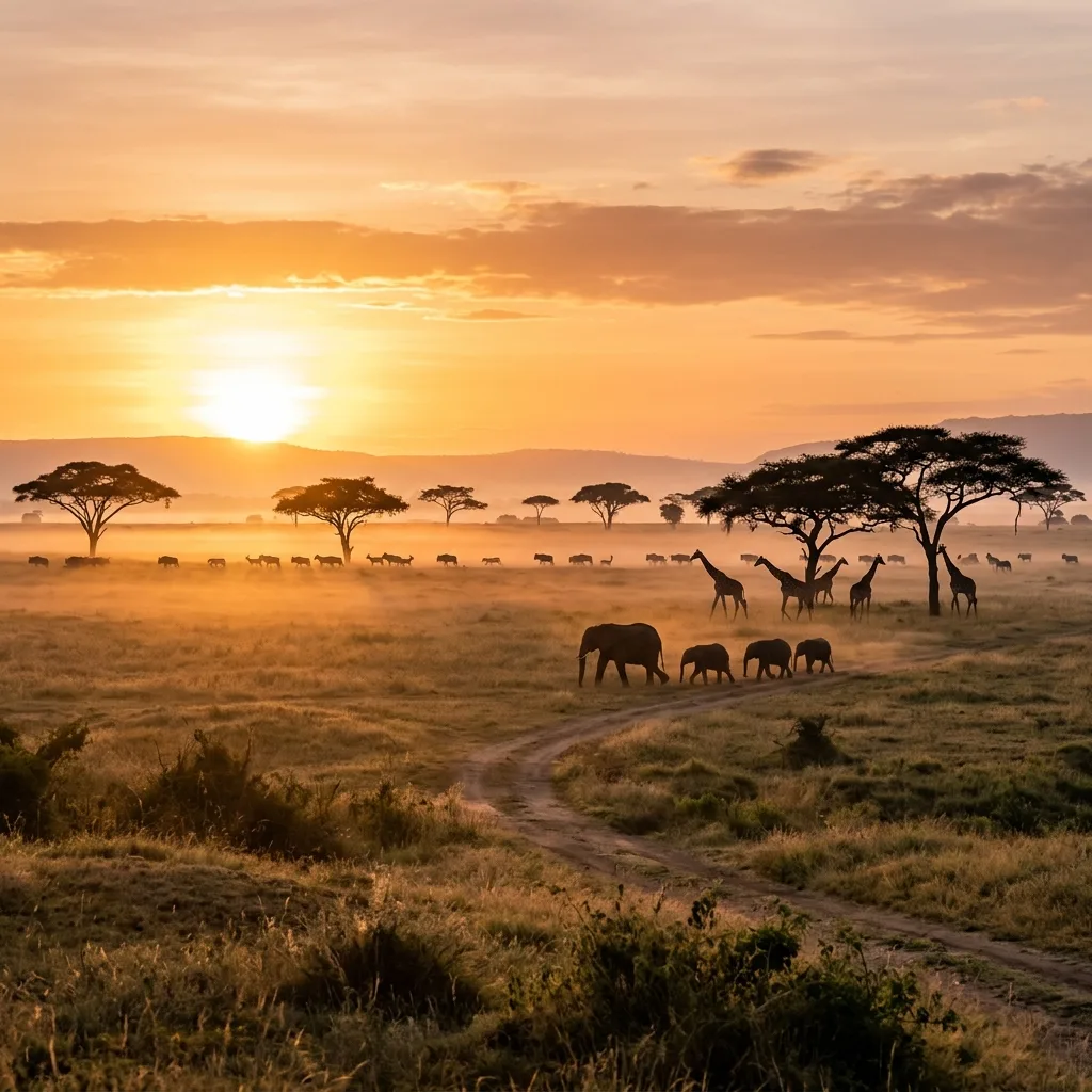 Scenic Serengeti safari savanna landscape at sunrise with acacia tree silhouettes