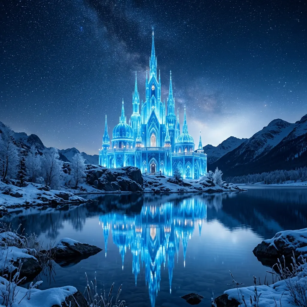 Towering blue ice palace with crystal spires standing beside a calm reflecting lake