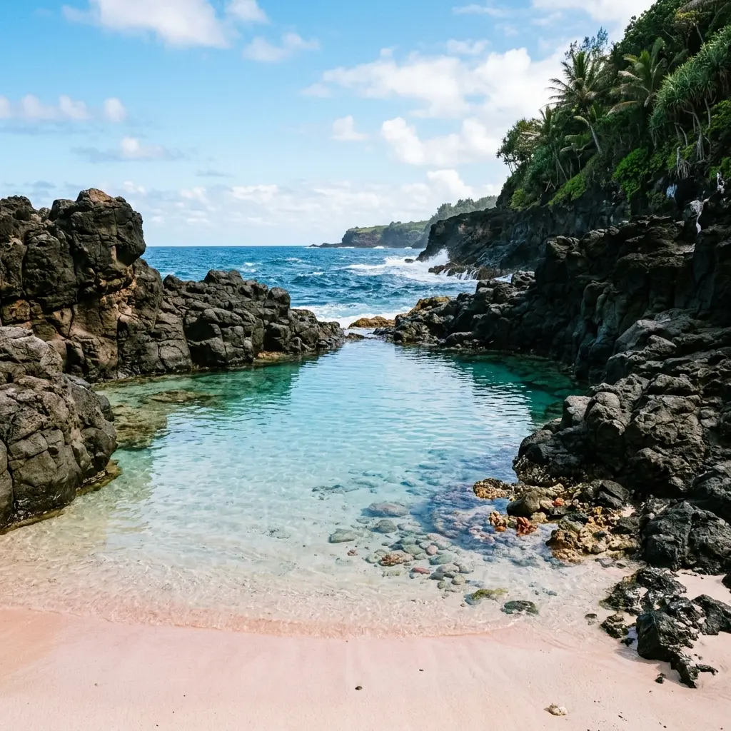 Calm shallow tidal pool sheltered by natural dark volcanic rocks under bright sunlight