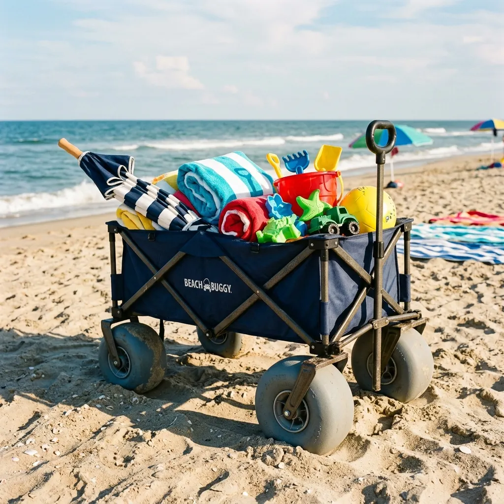 Heavy duty collapsible beach wagon with wide tires holding beach umbrellas and towels