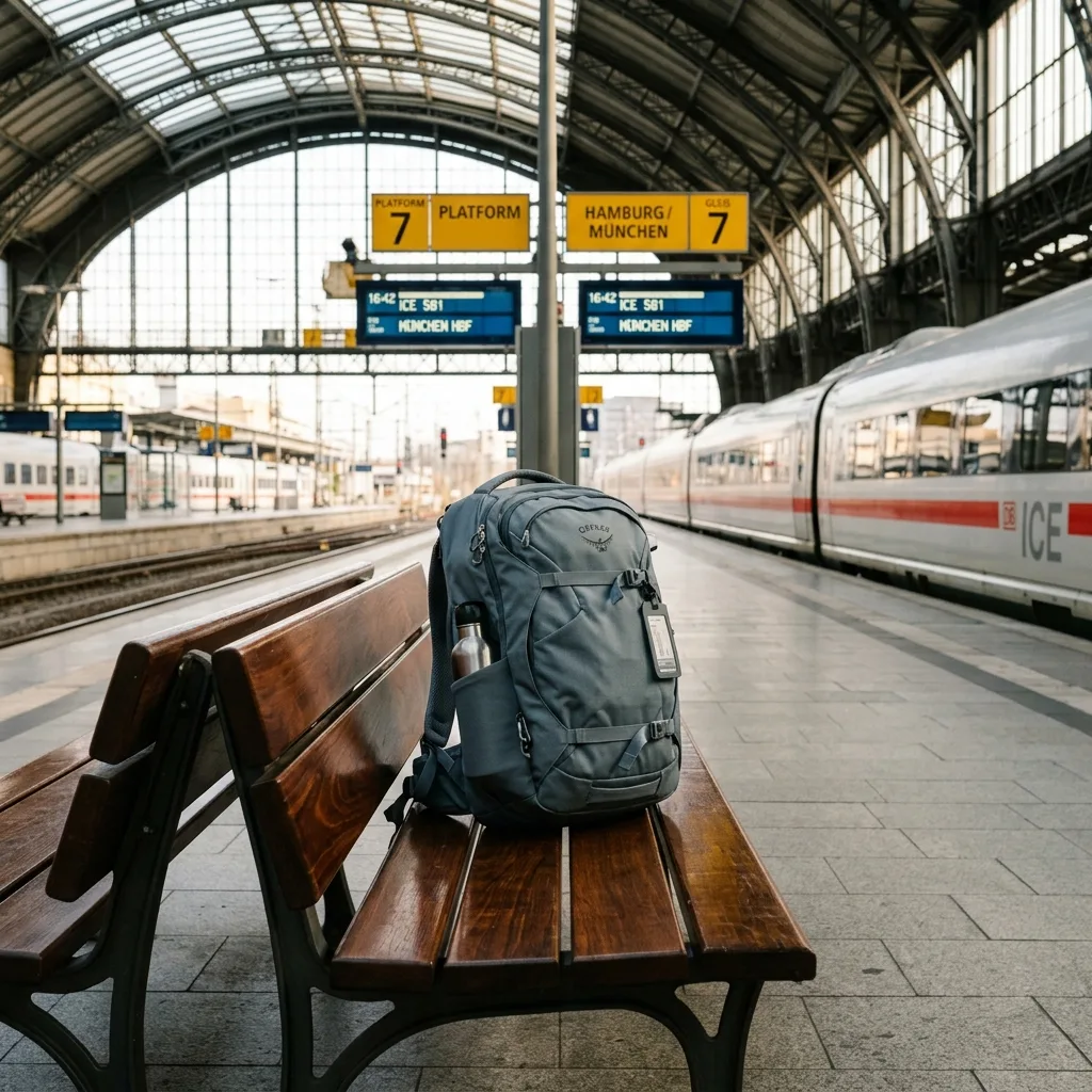 Lightweight slate gray travel backpack placed on wooden bench at train station