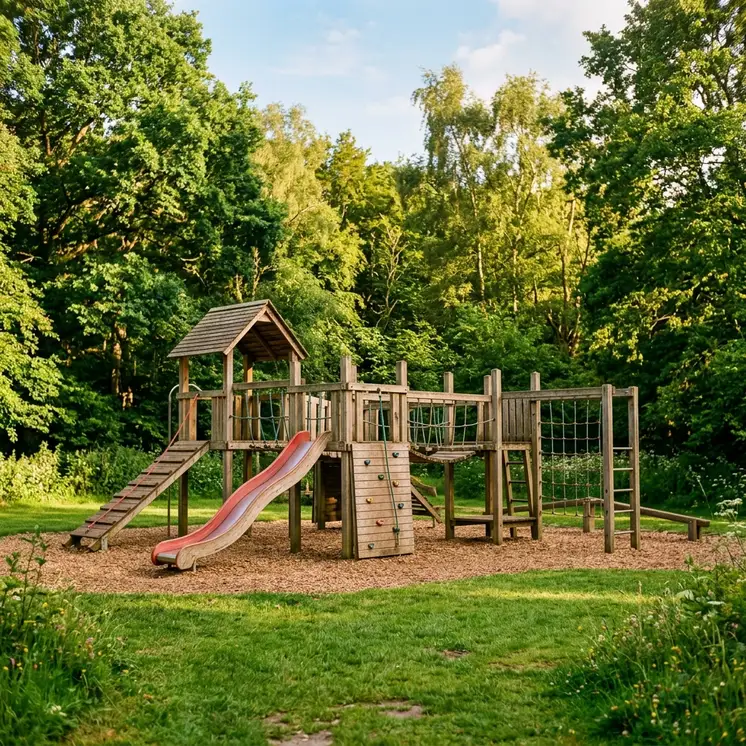 A wooden children's playground surrounded by green trees on a sunny day