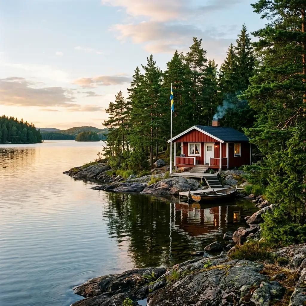Traditional red wooden Swedish cabin surrounded by pine trees on Lake Vattern shoreline