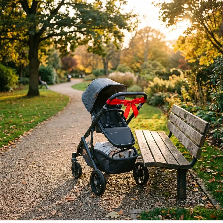 Folded baby stroller parked outside ride with red marker ribbon tied on handle