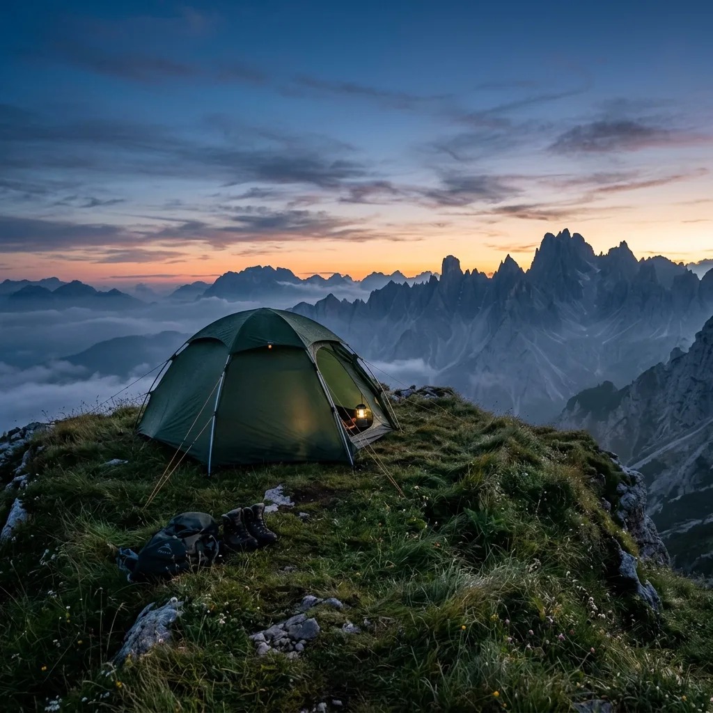 Classic bright orange camping tent pitched on mountain ridge overlooking misty valleys at dawn