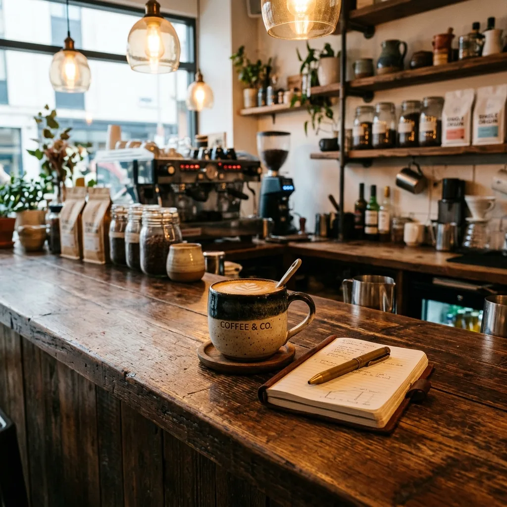 Cozy wooden cafe bar counter featuring ceramic coffee mug under warm lighting
