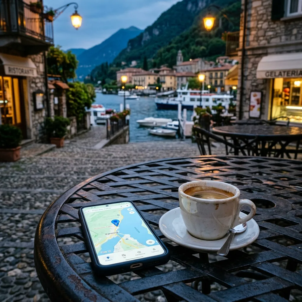 Smartphone displaying city map navigation app on cafe table beside warm coffee