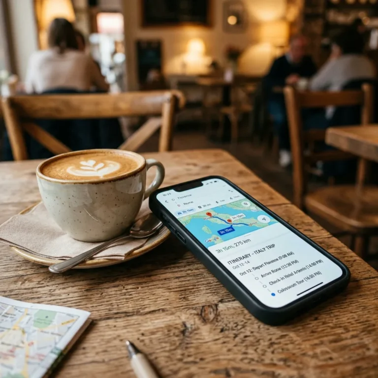 A smartphone displaying a detailed map route and travel itinerary on a cafe table next to a cup of coffee.