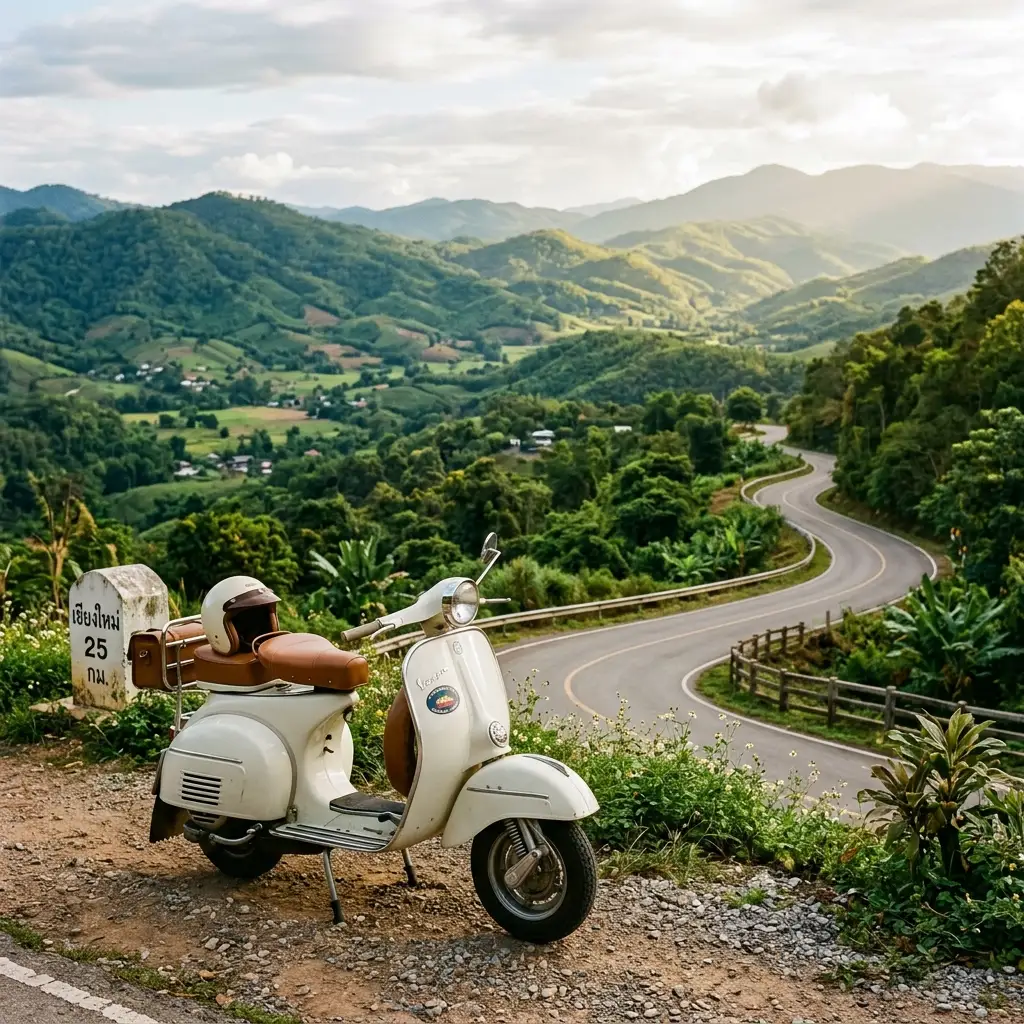 Vintage scooter parked beside an open mountain viewpoint overlooking the hills of Chiang Mai