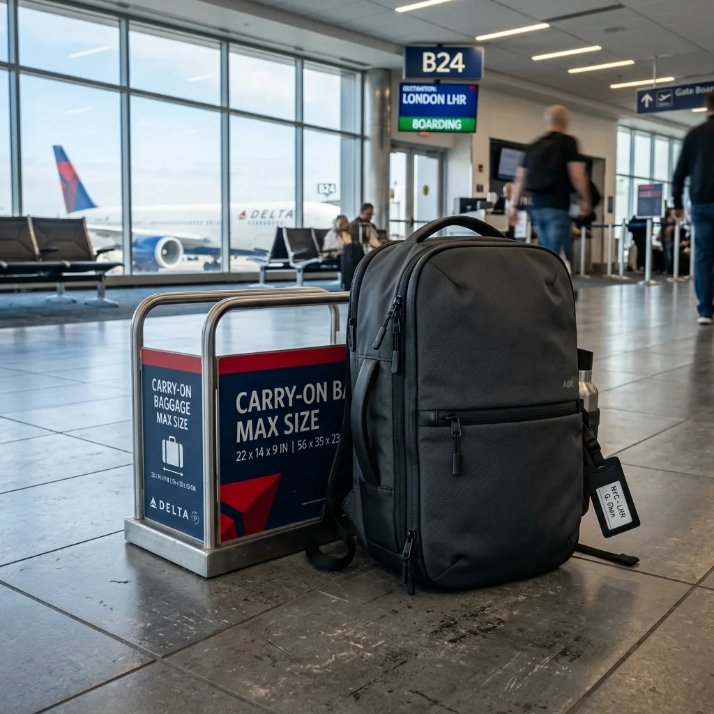 Grey carry-on travel backpack positioned near an airport departure gate baggage sizing frame