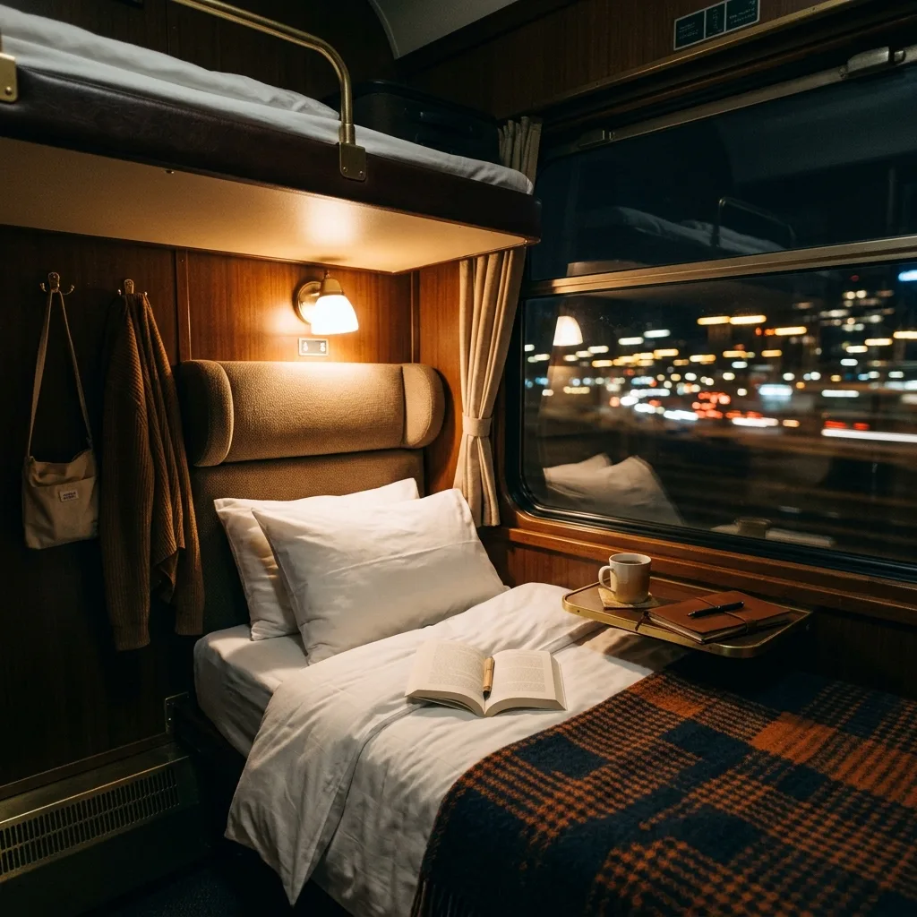 Cozy sleeper train compartment bed at night with subtle window glass reflections
