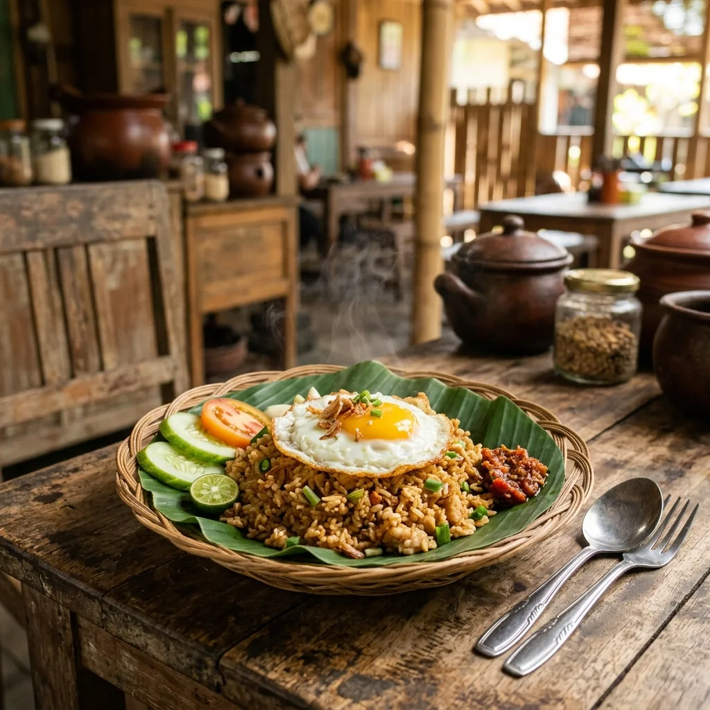 Fresh Indonesian nasi goreng fried rice served on green banana leaf in local warung