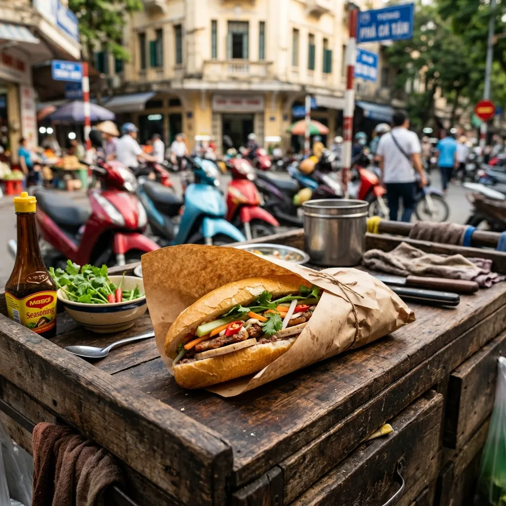 Crispy Vietnamese banh mi baguette filled with pickled vegetables and herbs on rustic paper