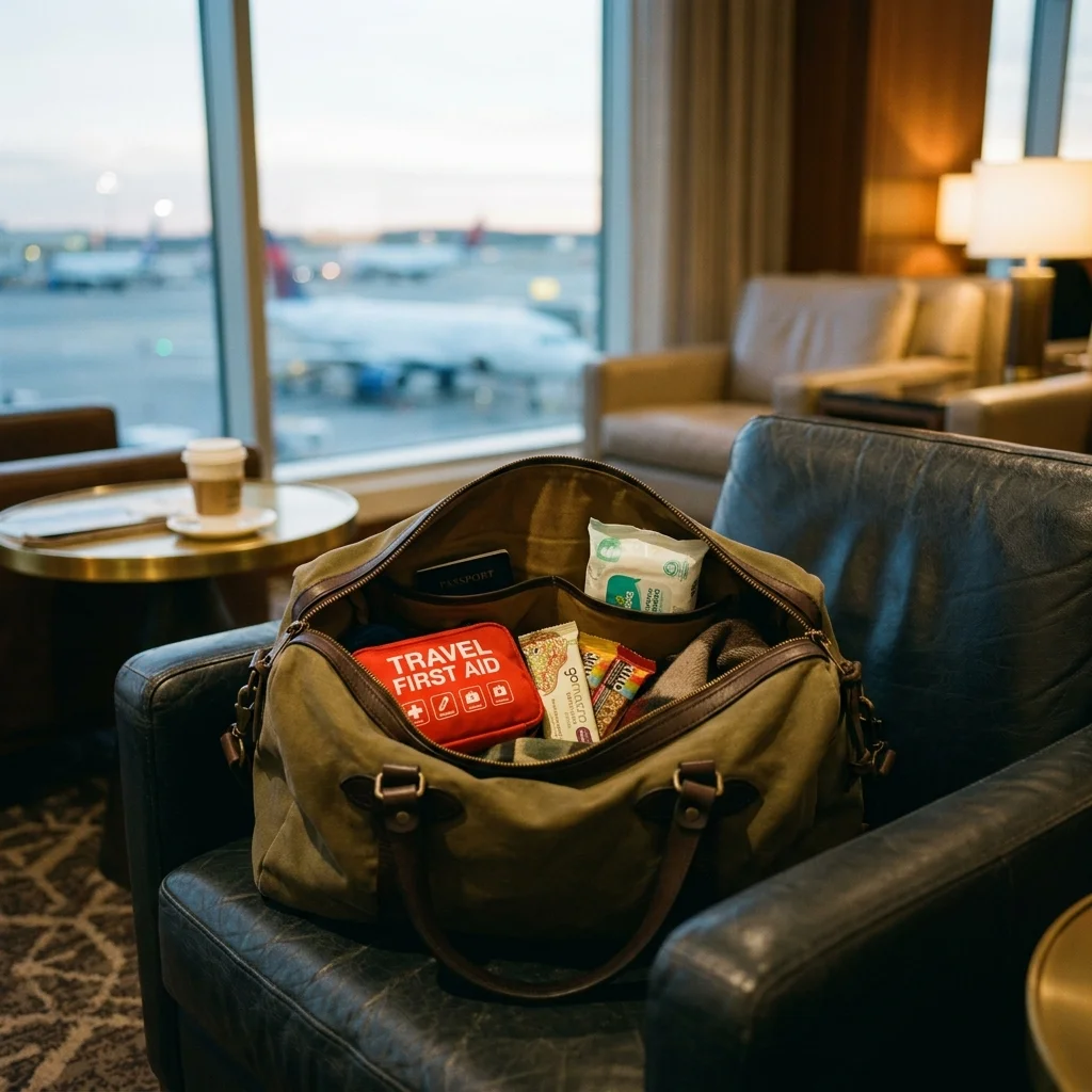 Open carry on bag with organized travel first aid kit and snacks on terminal seat