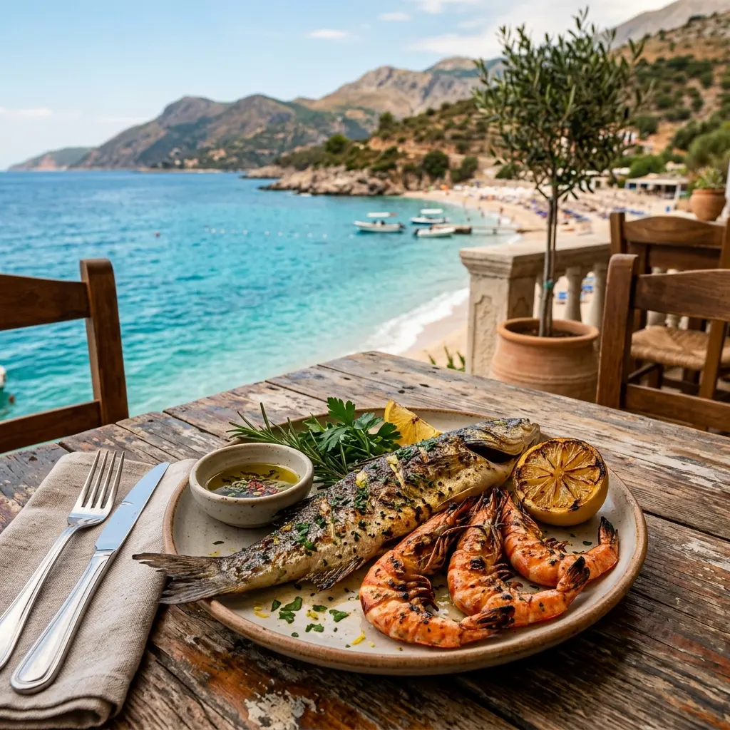 Freshly grilled seafood plate served at an open beachside restaurant along the Albanian coast