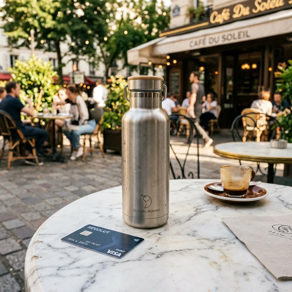 Stainless steel water bottle and debit card sitting on a white tabletop