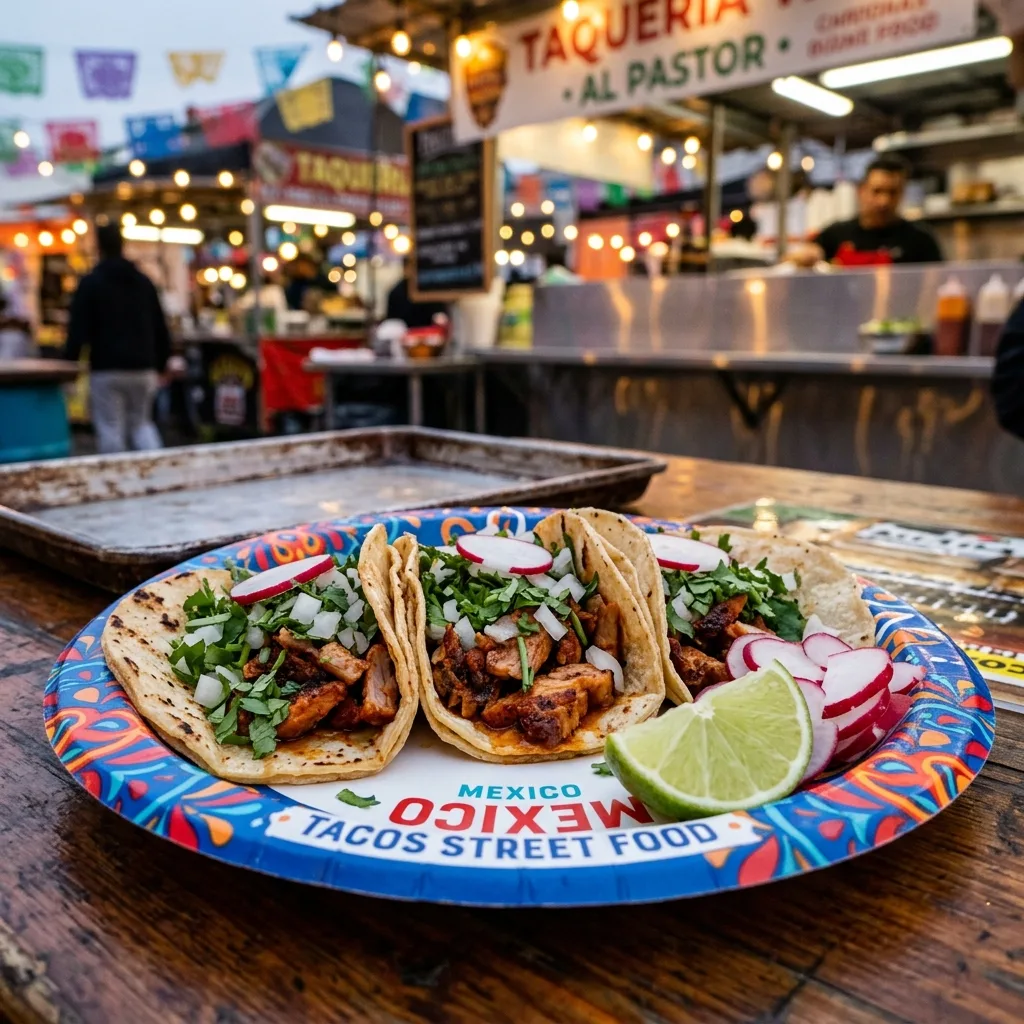 Three freshly made street tacos with cilantro, chopped onions, and fresh lime