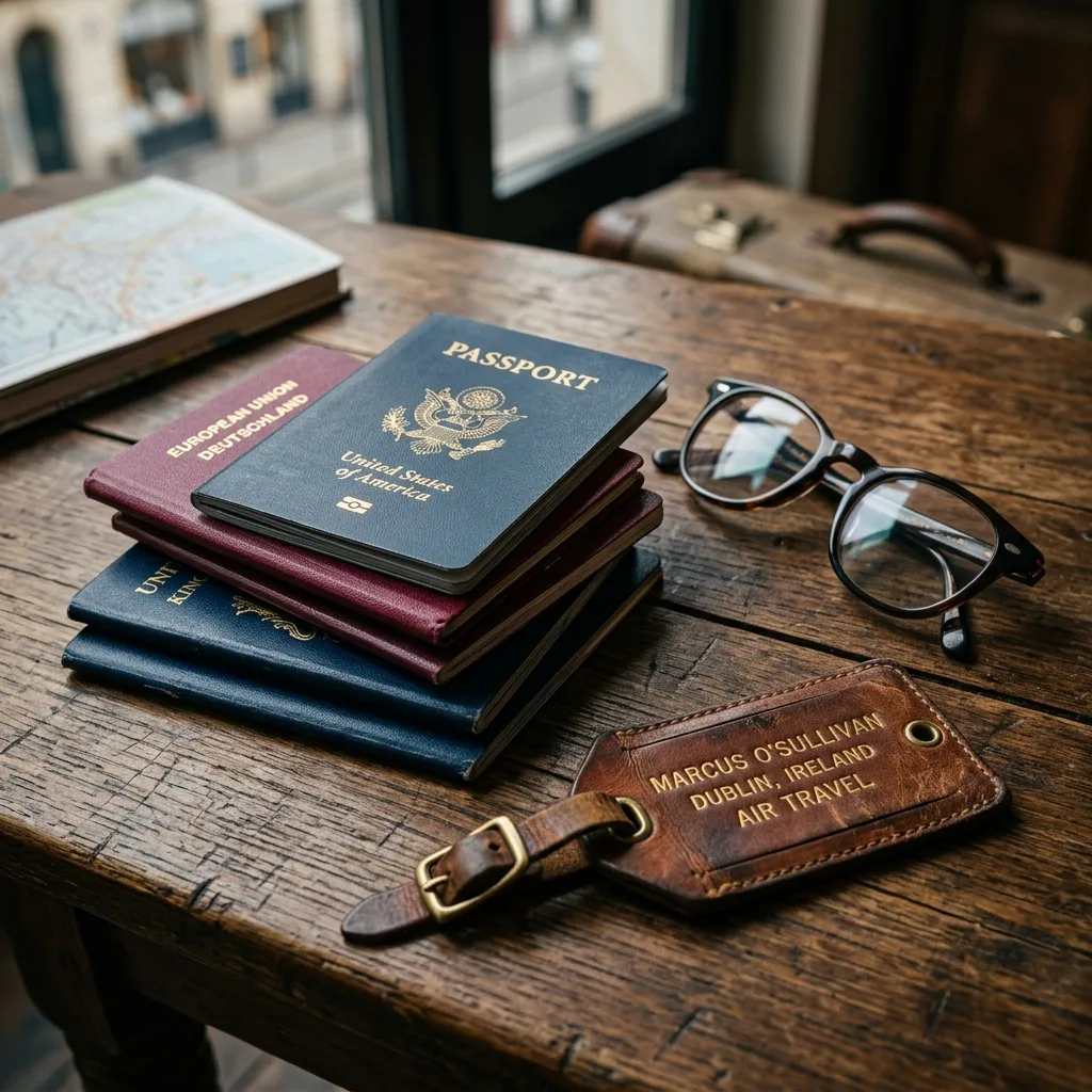 Stack of national passports and leather luggage tag on rustic wooden table before travel