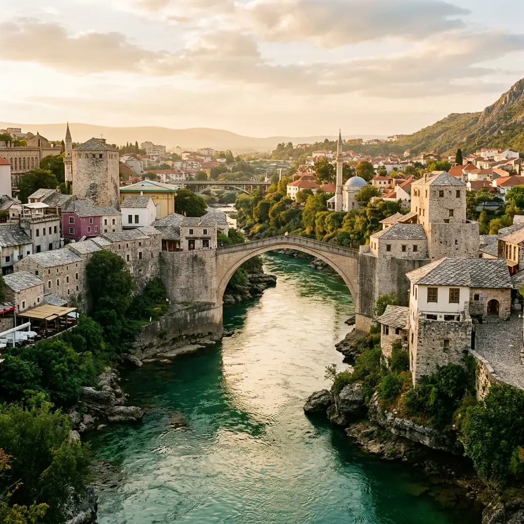 Arched stone Stari Most bridge in Mostar spanning the emerald green Neretva river
