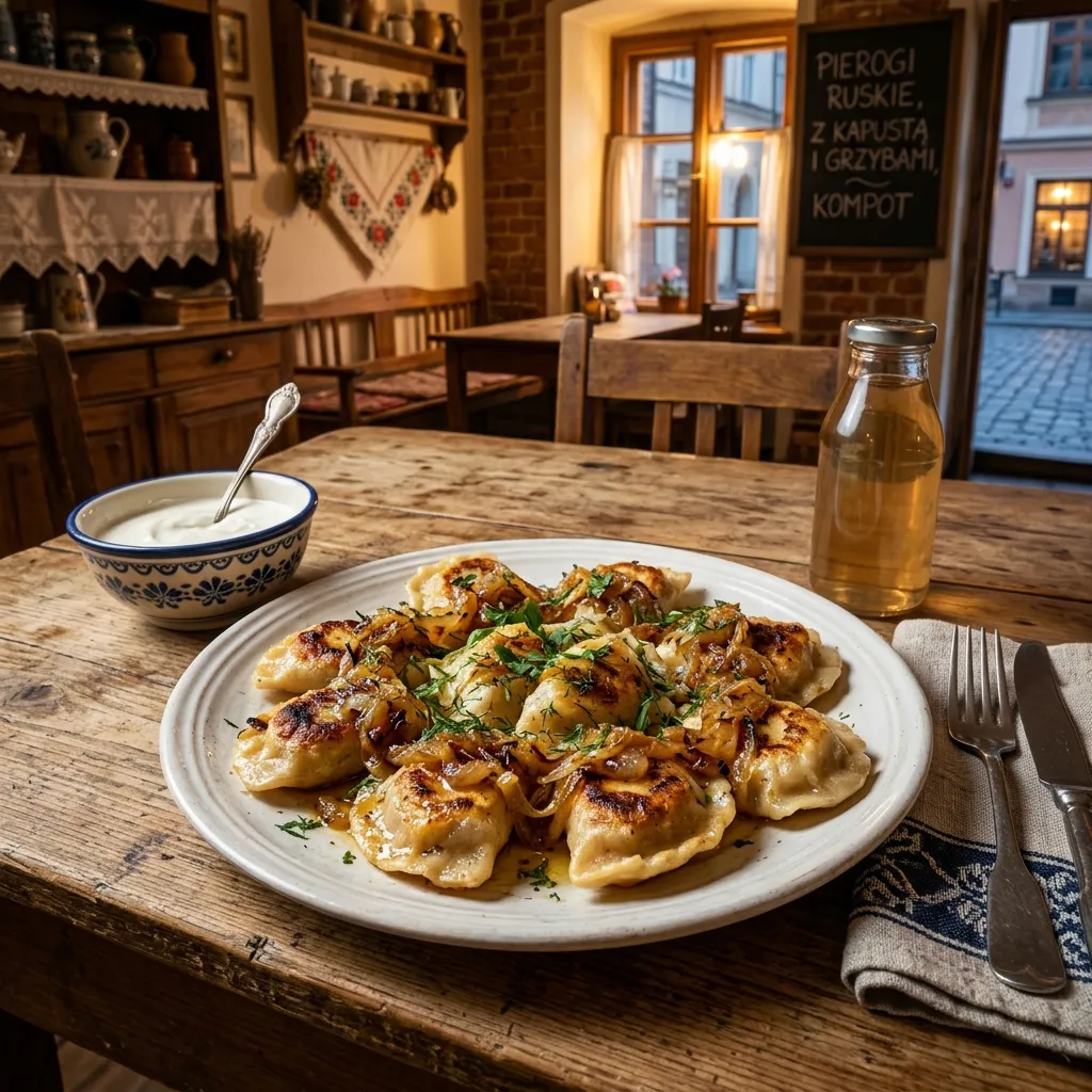 Plate of pan fried Polish pierogi dumplings garnished with golden caramelized onions in Krakow