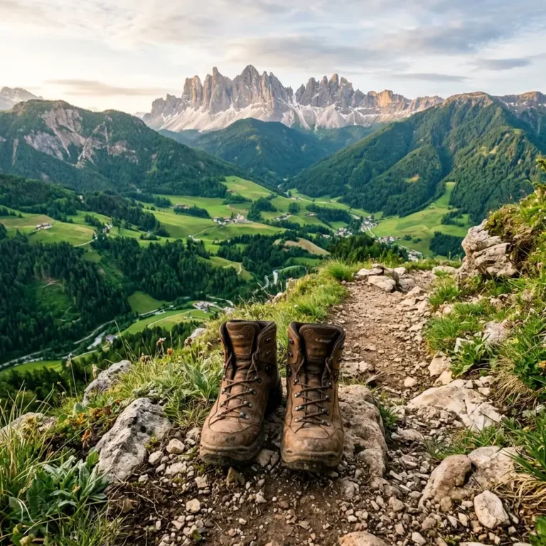 A pair of sturdy brown leather hiking boots standing on a dirt trail looking out over a lush mountainous landscape