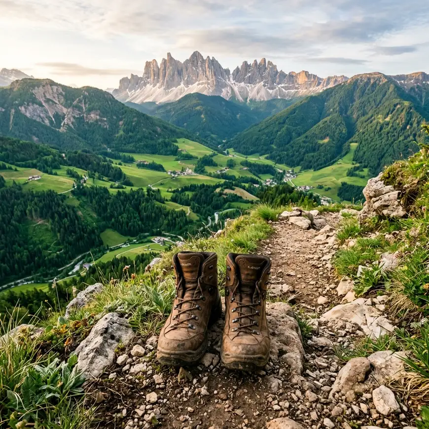 Sturdy brown leather hiking boots standing on scenic dirt trail overlook
