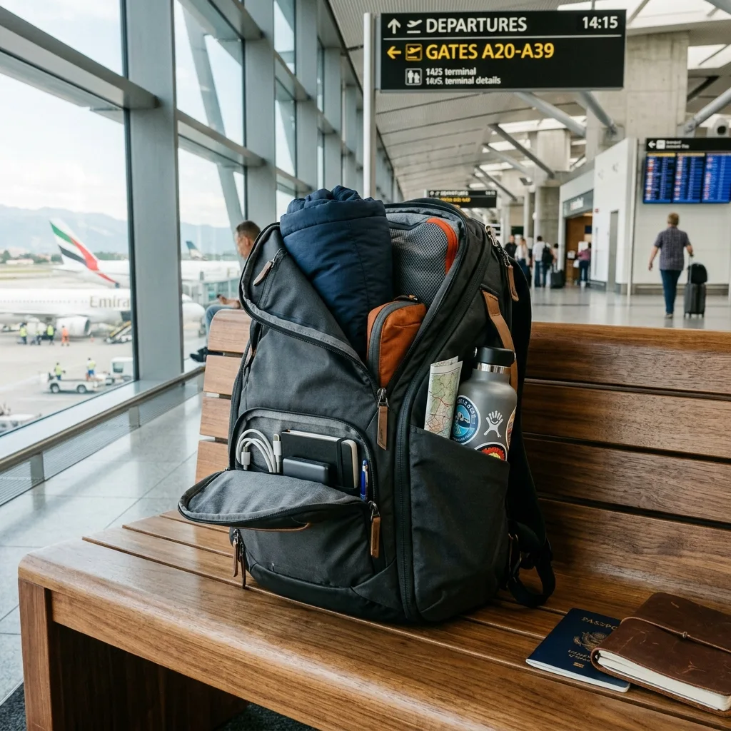 Durable travel backpack packed tightly and resting on wooden bench in modern airport terminal