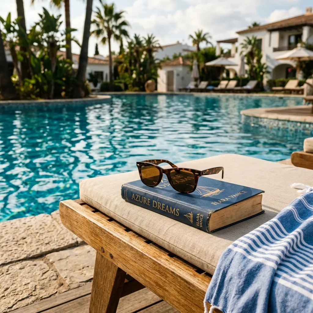 Quiet resort swimming pool with poolside lounge chairs and book on sunny family holiday