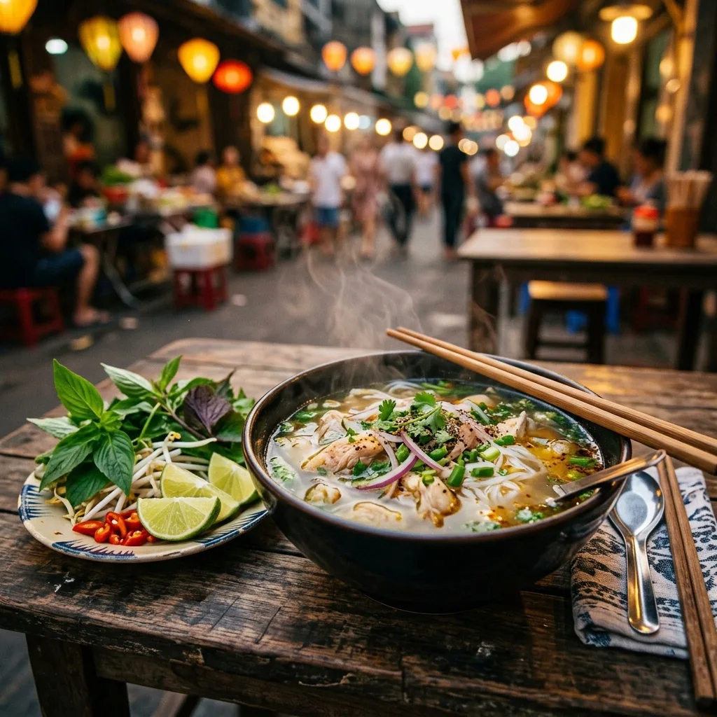 Steaming bowl of Vietnamese pho noodle soup served fresh at an outdoor market stall
