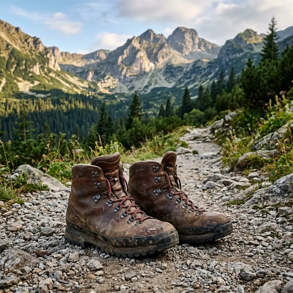 Pair of sturdy leather hiking boots on a rocky scenic trail in Rila mountains