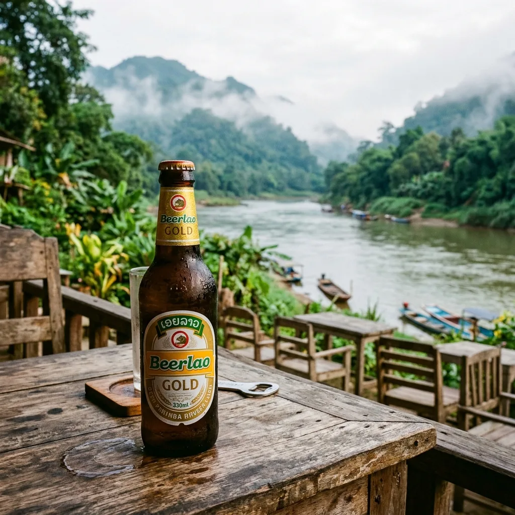 Chilled glass bottle of local Beer Lao resting on wooden table overlooking river cafe