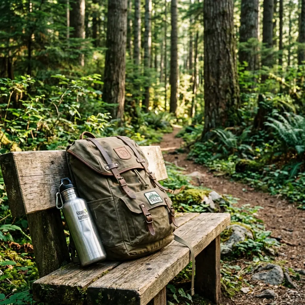 Canvas daypack and water bottle resting on wooden forest trail bench during family hike