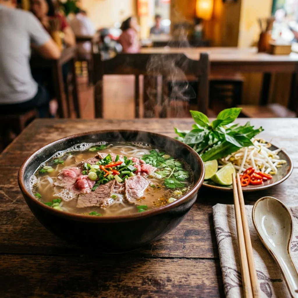 Hot bowl of Vietnamese beef pho noodle soup garnished with fresh herbs