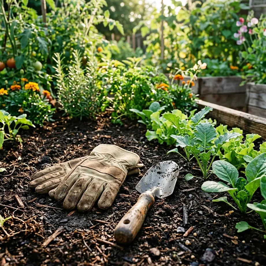 Canvas gardening gloves and hand trowel lying on rich soil in flourishing vegetable garden