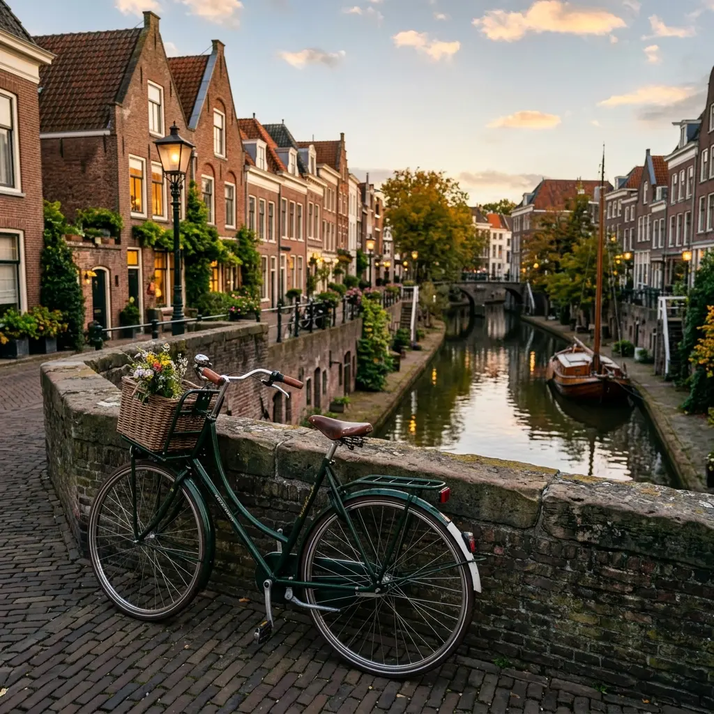 Black city commuter bicycle resting against a historic canal bridge in Europe