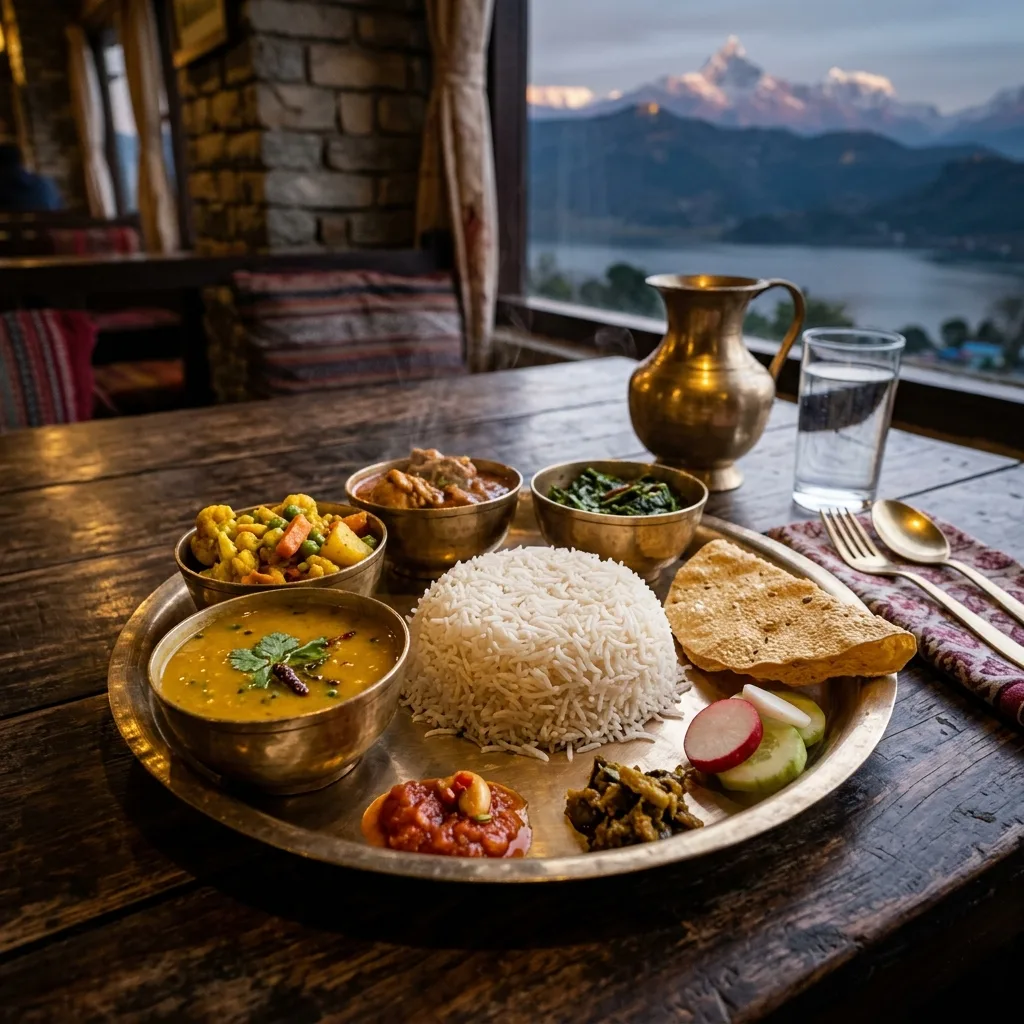 Traditional Nepalese brass thali platter with steaming dal bhat, lentil soup, and pickles