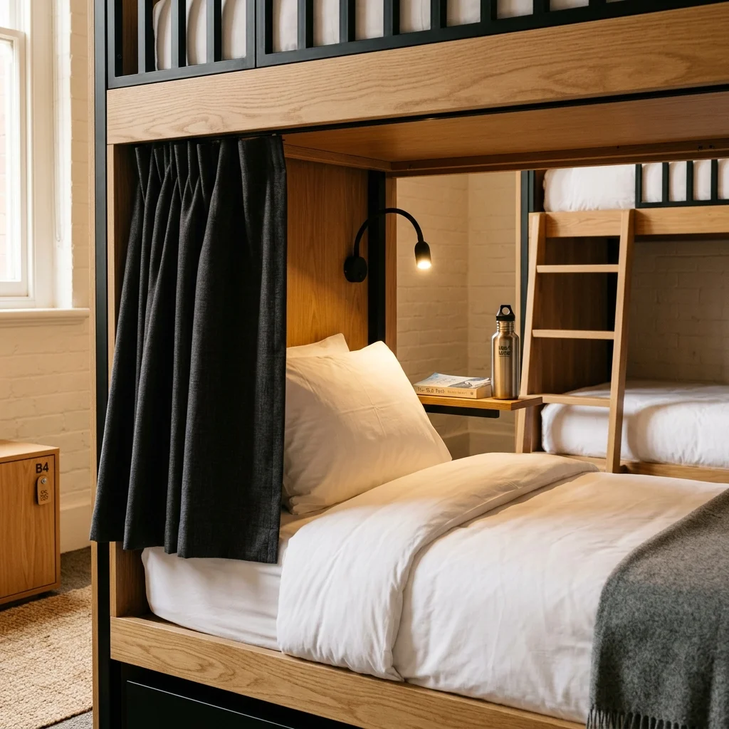 Modern hostel bunk bed with clean bedding, reading lamp, and privacy curtain pod