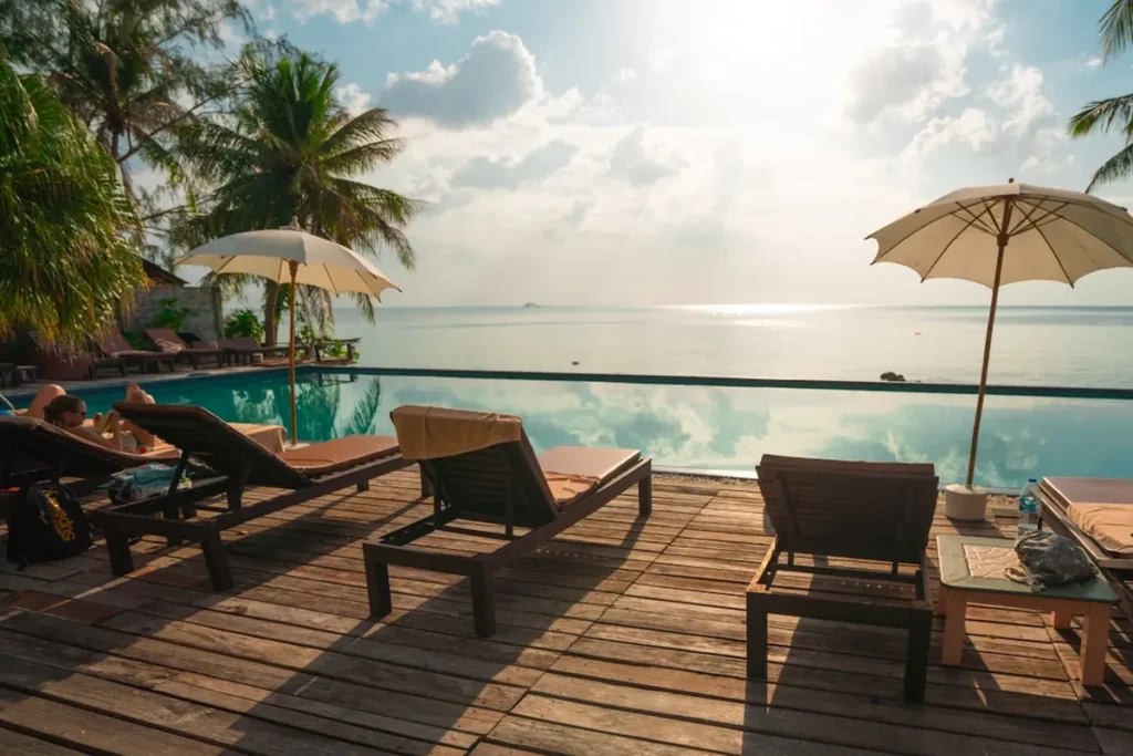 Luxury family all-inclusive tropical resort with swimming pools and palm trees